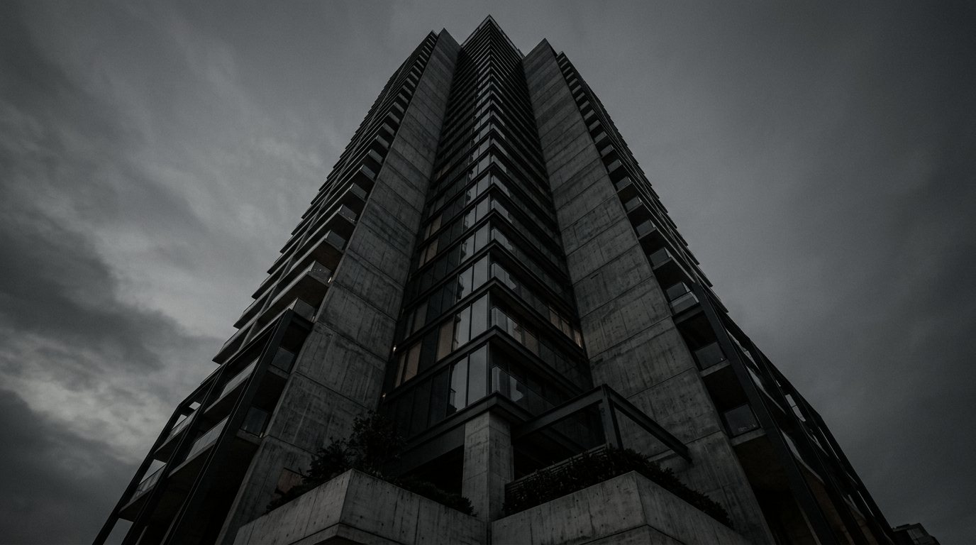 A modern luxury residential tower seen from below against a dark twilight sky.